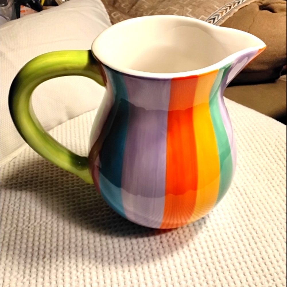 NWT~Striped Retro Multicolored Ceramic Pitcher. 